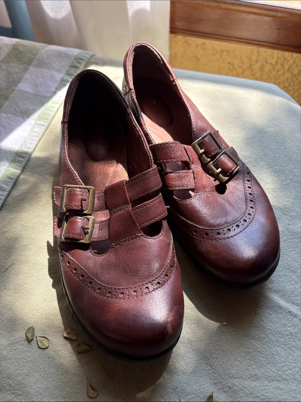 Clarks Women's Double-Buckle Leather Mary Jane Flats - Burgundy